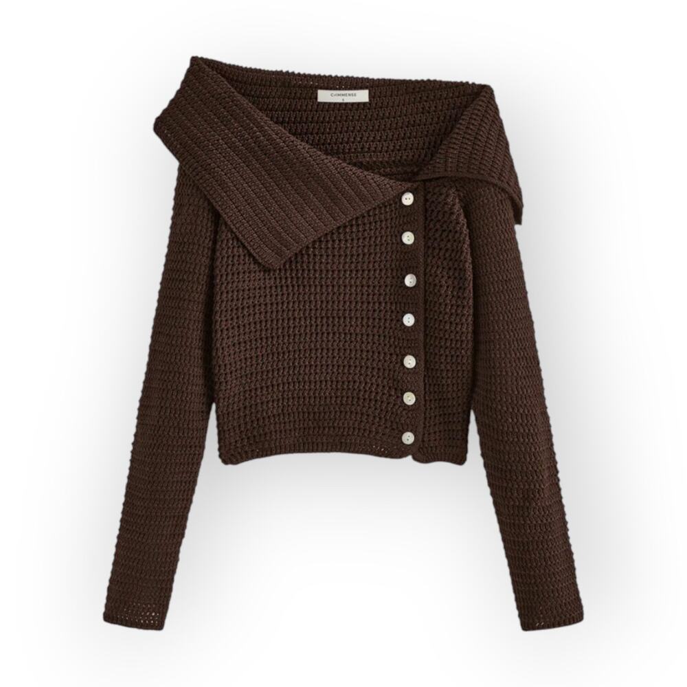 Commense Brown Asymmetric Knit Off-Shoulder Top Cotton Blend Cozy Minimalist XS